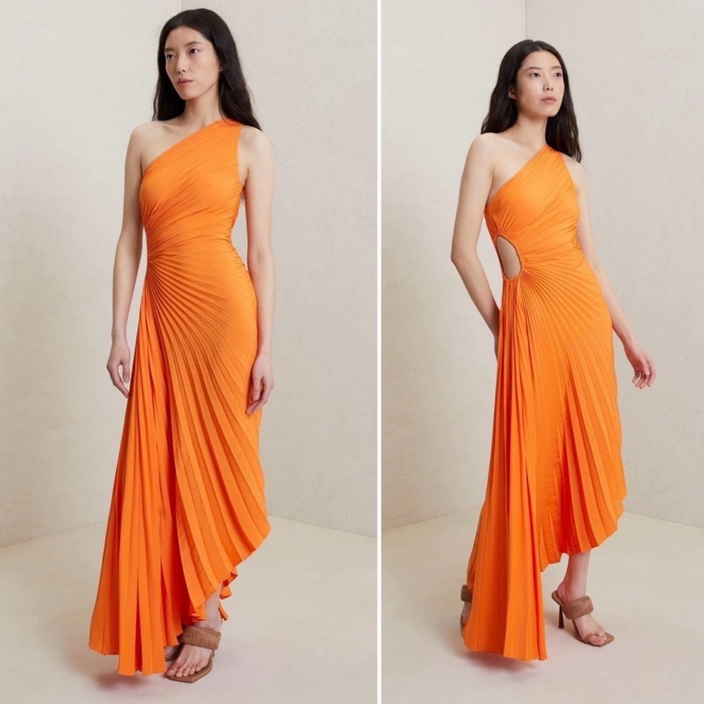 A. L.C Delfina Cut Out One Shoulder In Citrus Orange Asymmetrical Midi Dress Sz4 - Picture 3 of 9